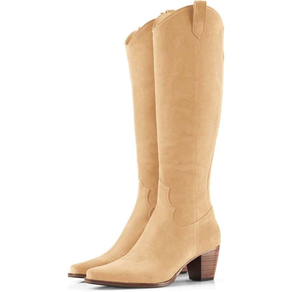 Women Khaki Cowboy Knee High Boots Chunky Block Heel Square Toe Tall Riding Boot